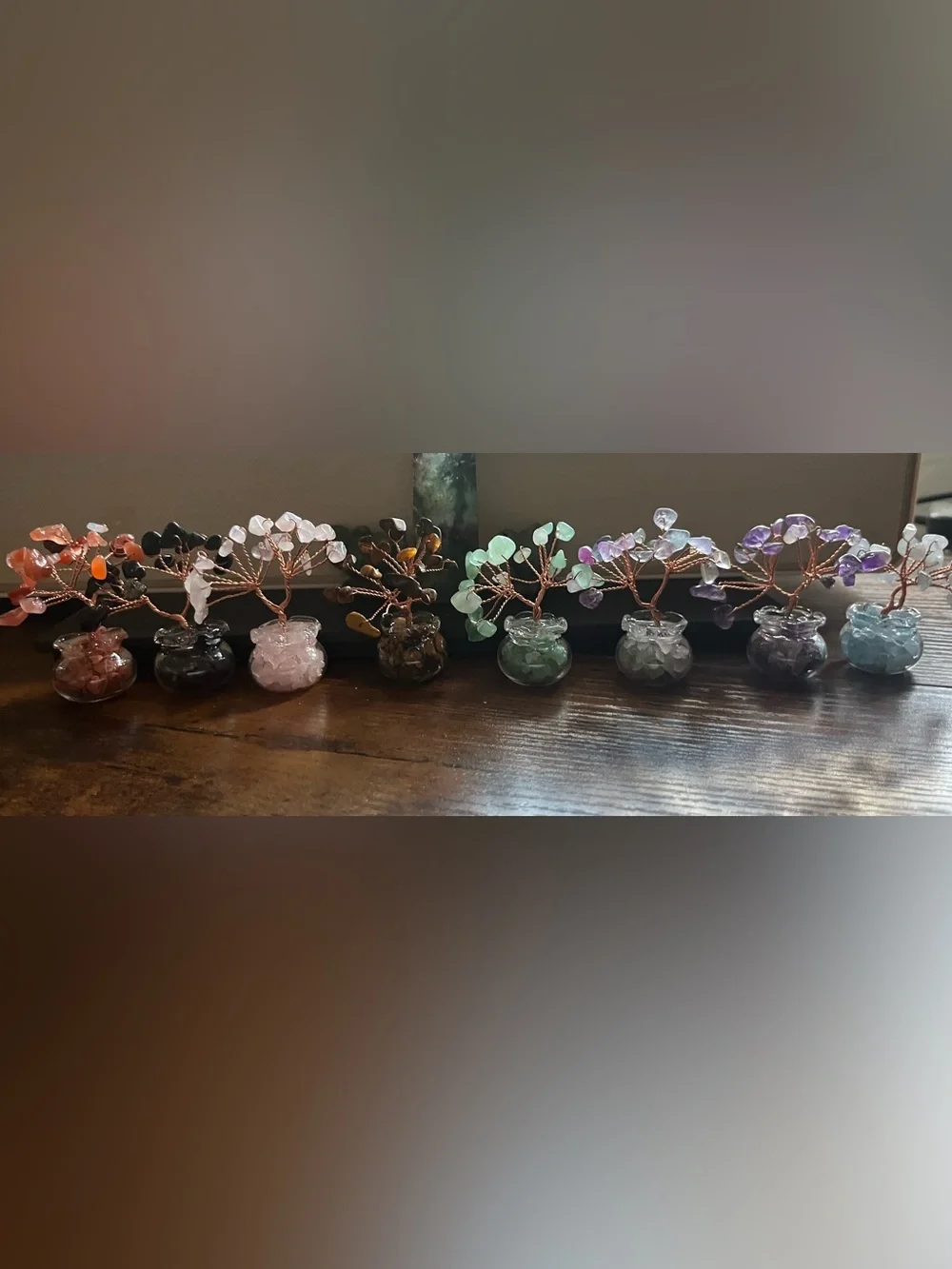 🌈 8pc Handmade Natural Gemstone Tree Miniature Glass Pot Collection
